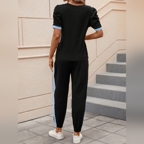 Women's Contrast Color V-Neck Short Sleeve Top & Long Pants Set - Picture 4 of 5